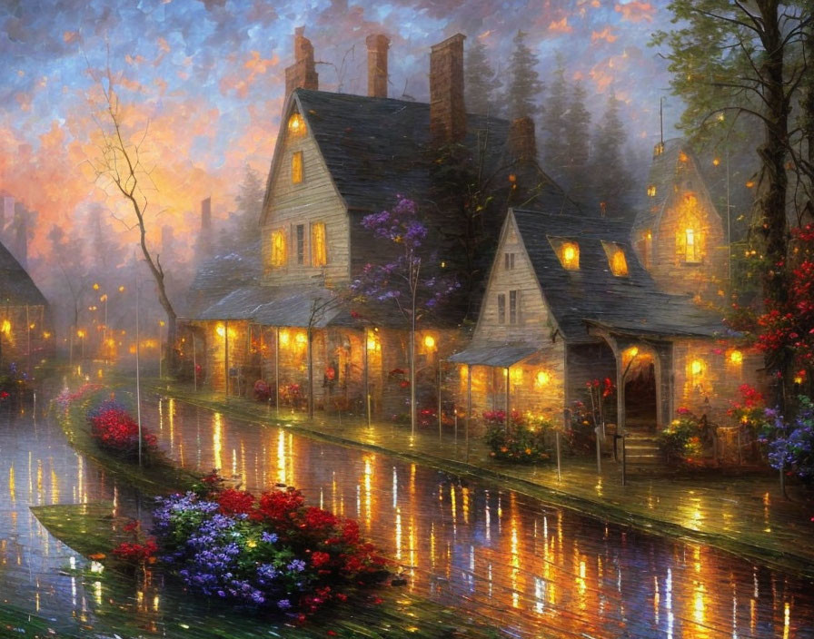 Rain-soaked street with quaint village houses and blooming flowers at twilight