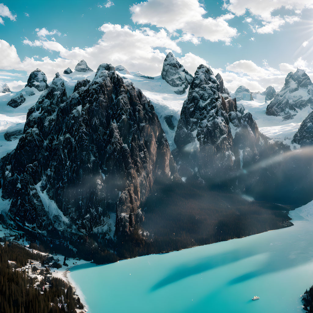 Snowy Mountain Landscape with Turquoise Lake and Forest