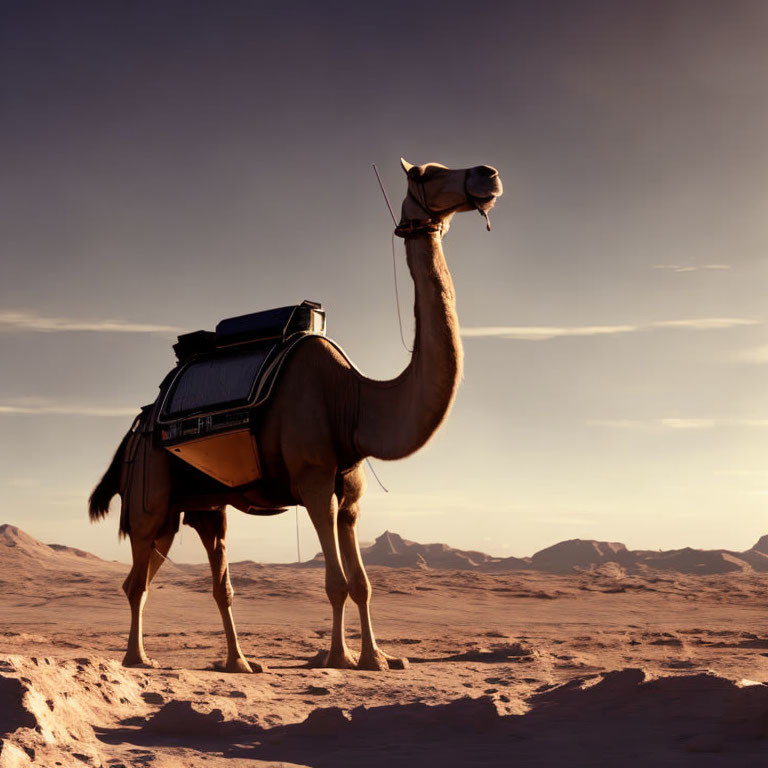 Camel with Saddle on Desert Sand at Sunset Sky