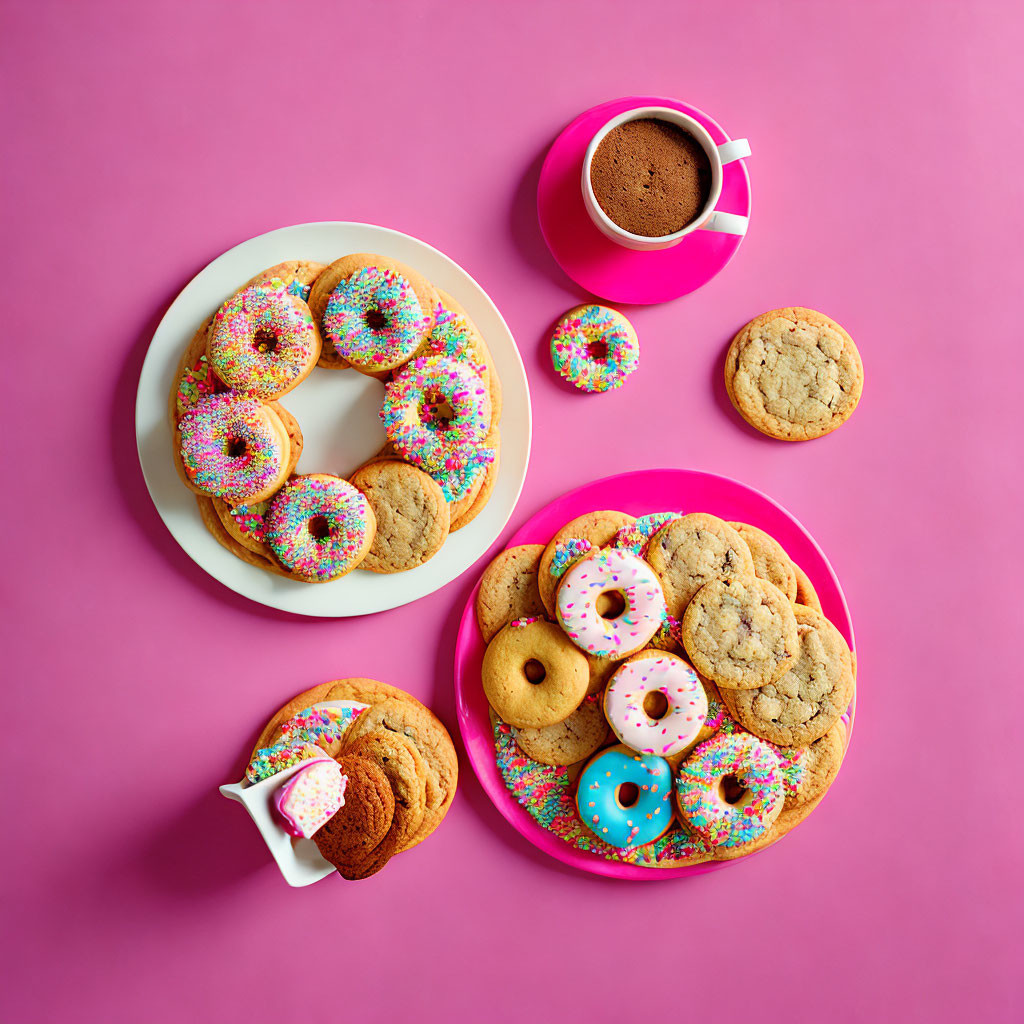 Colorful Donuts, Cookies, and Hot Chocolate on Pink Background