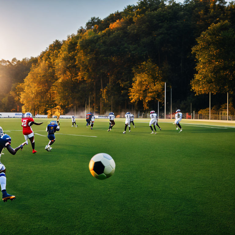 Soccer Game at Sunset: Players in Red and Blue Jerseys on Green Field