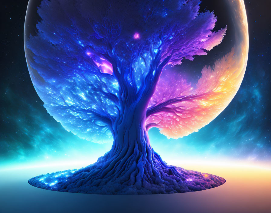Colorful Tree Against Cosmic Background with Glowing Celestial Body