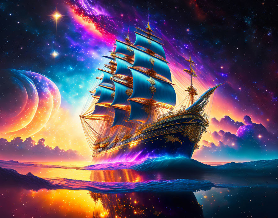 Grand sailing ship with glowing sails on cosmic sea under vibrant nebula sky