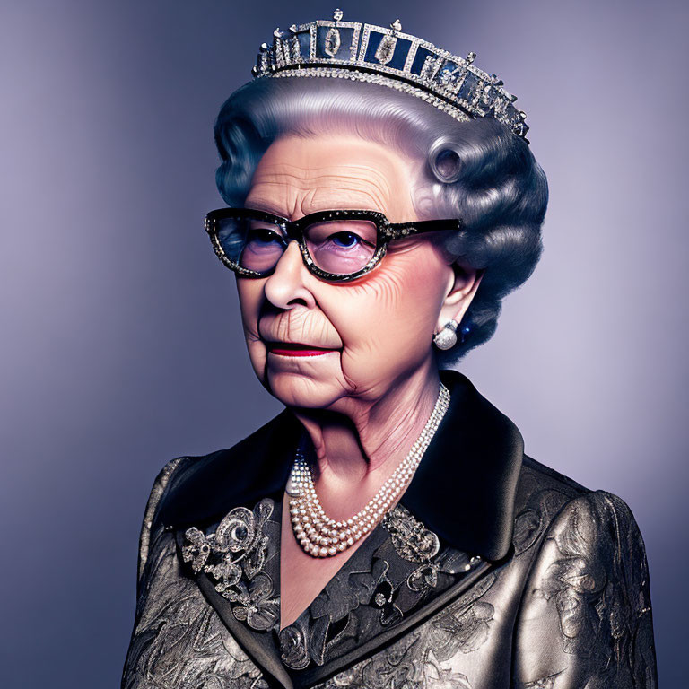 Elderly woman in stern expression with glasses, tiara, pearl necklace, and ornate dress