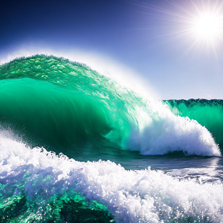 Towering Green Wave Ready to Break Under Bright Sun