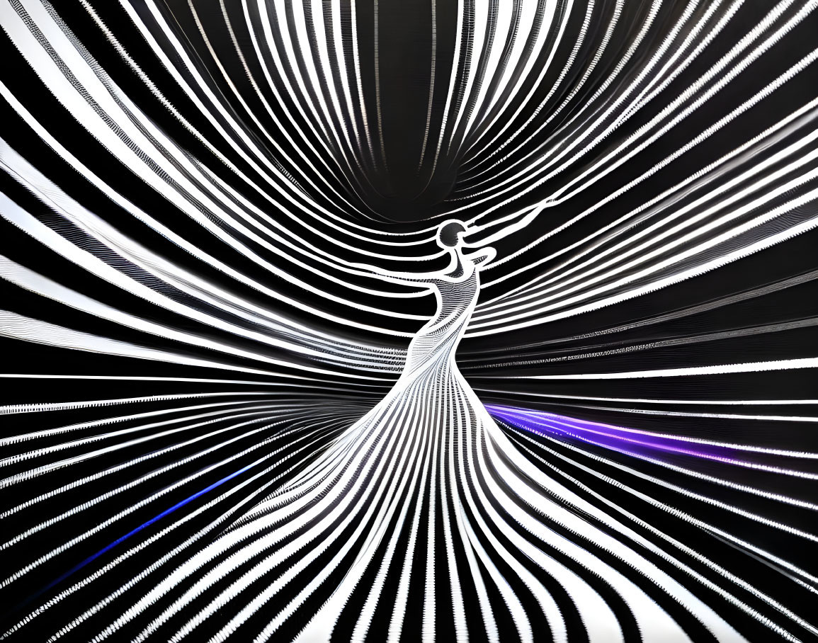 Stylized figure walking into white vortex on black background