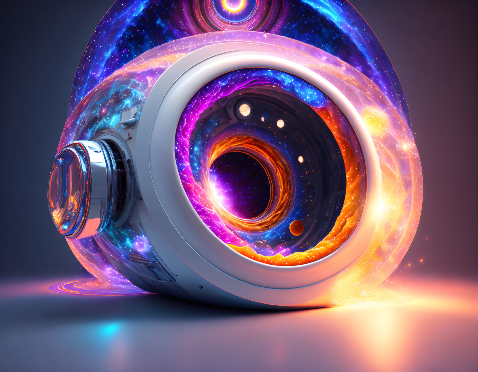 Vibrant 3D-rendered image: Futuristic washing machine with galaxy and black hole inside