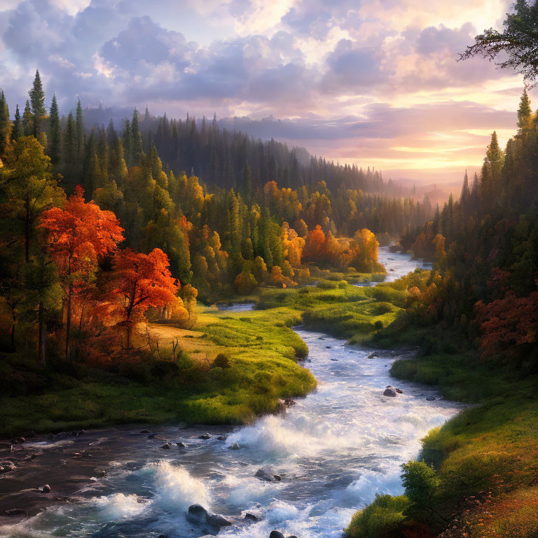 Scenic river in vibrant autumn forest at sunrise