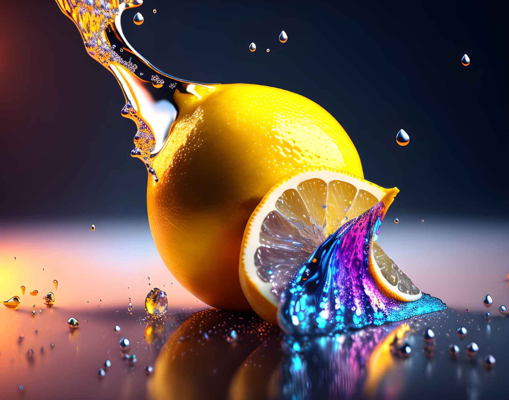 Colorful liquid splash with suspended droplets and lemon reflection.