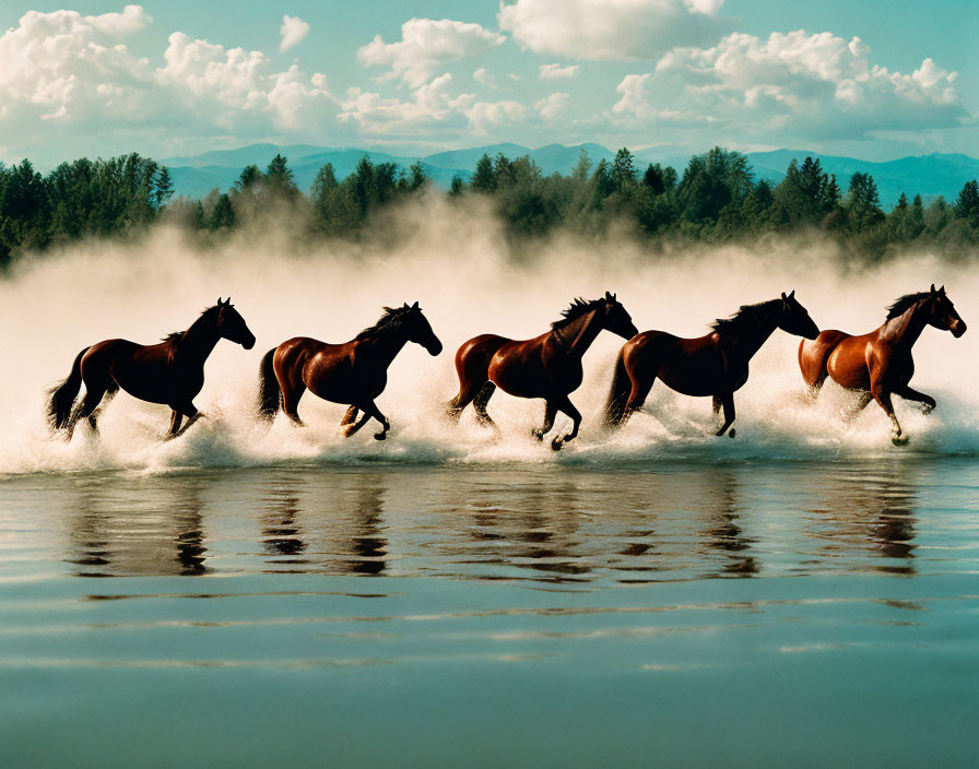 Majestic horses galloping in water with mist and trees in the background