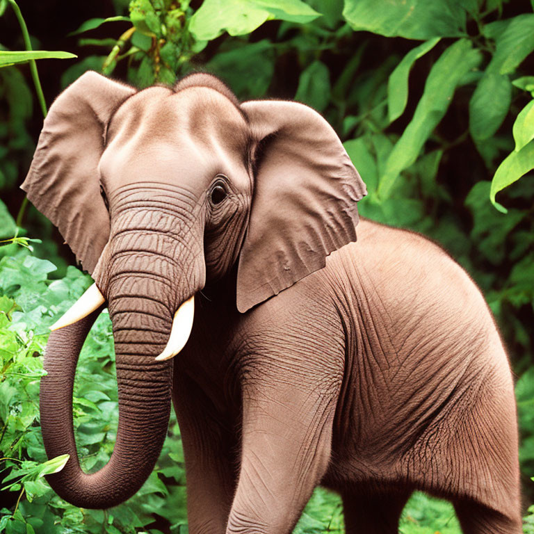 Young Elephant with Tusks in Green Foliage