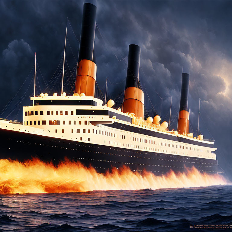Illustration of Titanic engulfed in flames on stormy sea