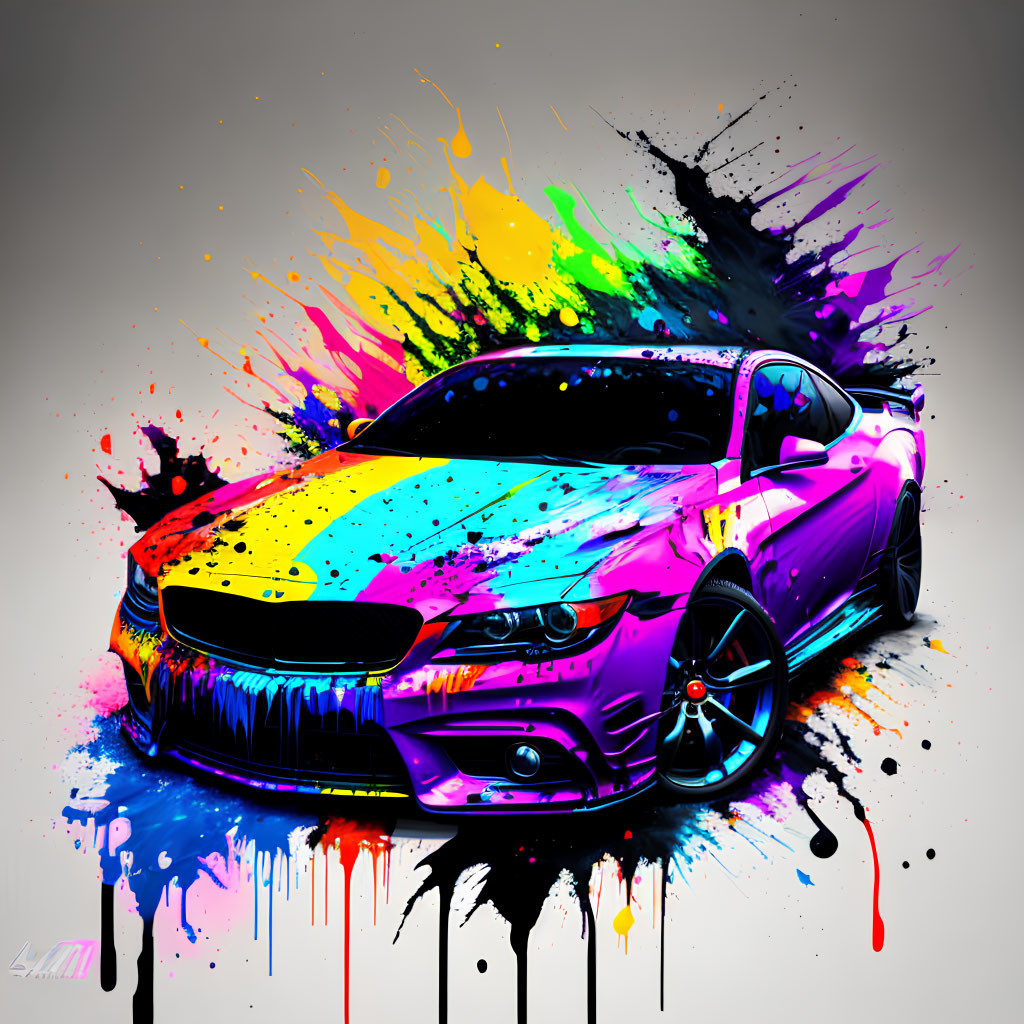 Colorful digital artwork of purple sports car on white background