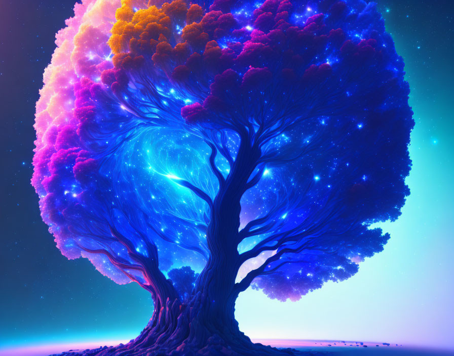 Colorful Cosmic Tree Against Starry Sky Background