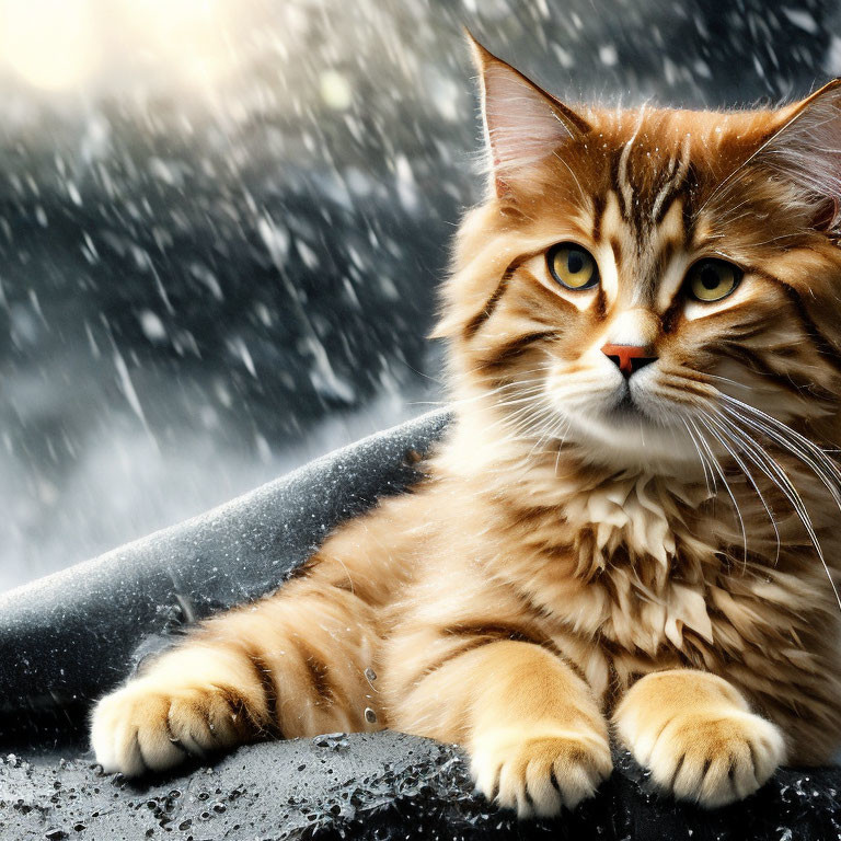 Brown Tabby Cat with Long Hair in Raindrop Background