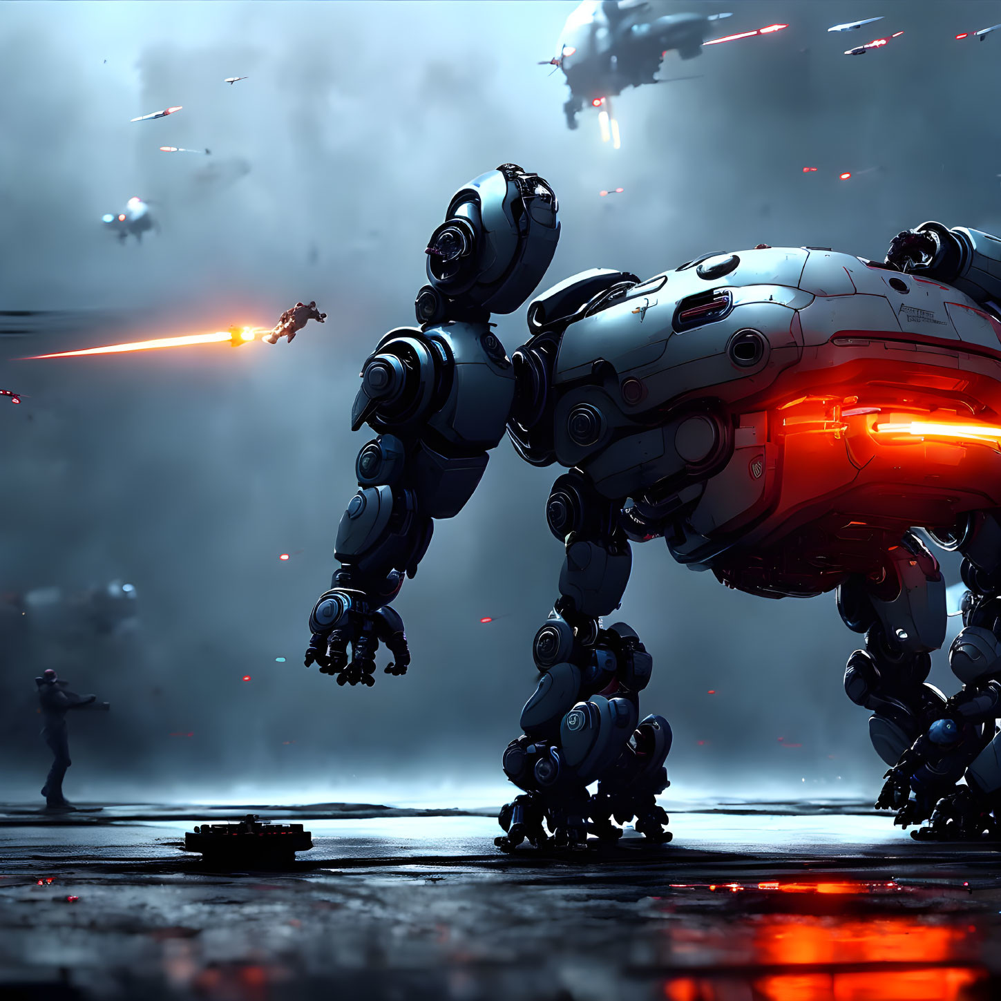 Bipedal robot in battle scene with flying drones and soldier in dystopian setting