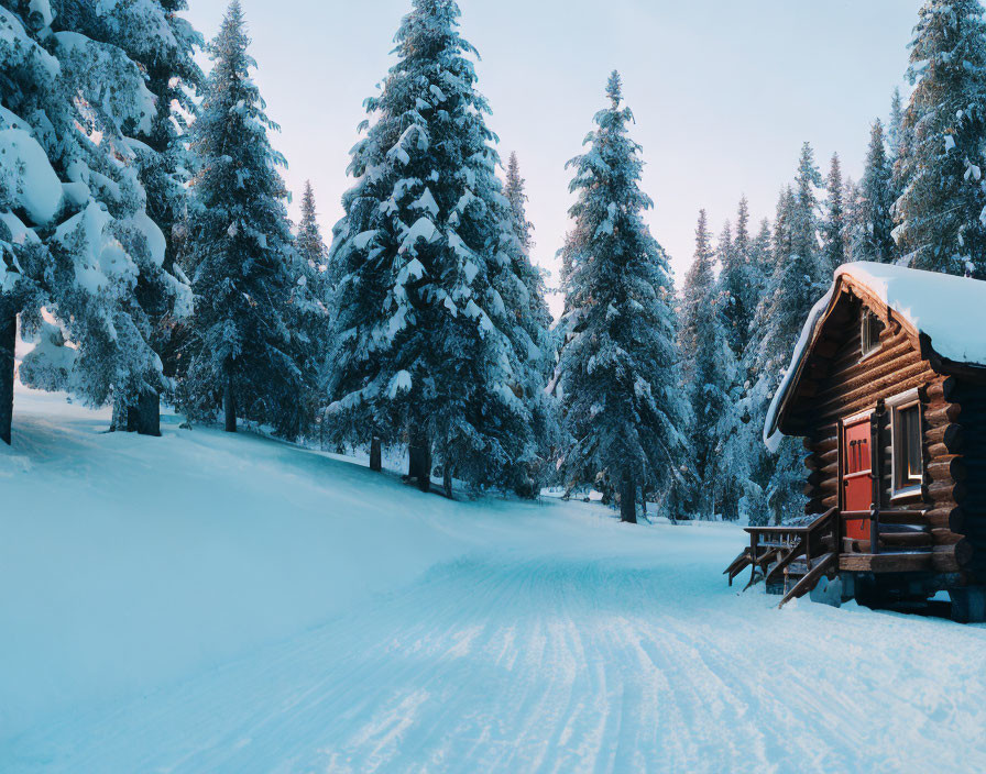 Snow-covered pines surround cozy wooden cabin in serene winter scene