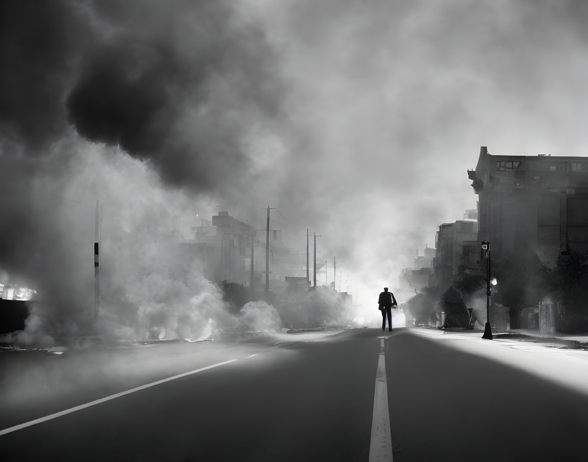 Deserted road scene: lone figure amidst urban chaos and smoke