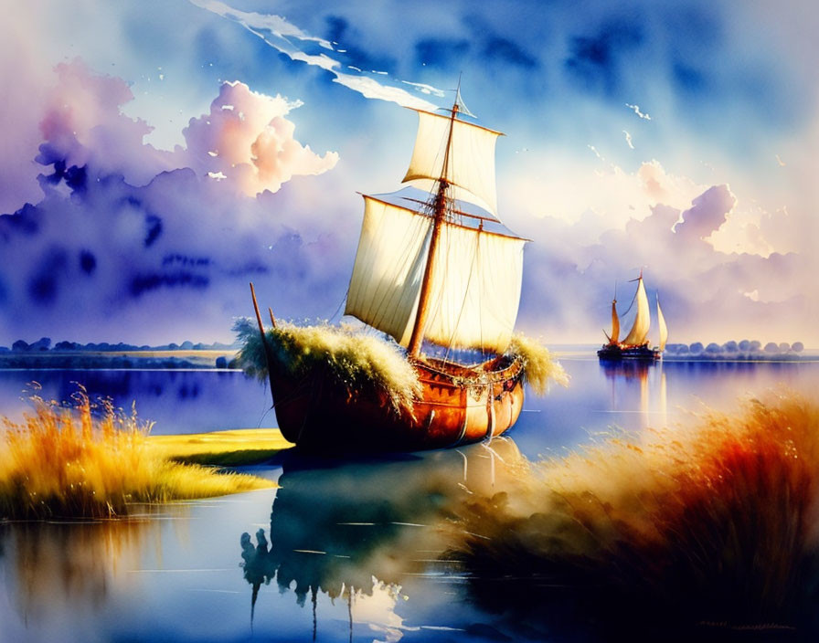 Colorful painting of sailboats on calm water with tall grasses and blue skies