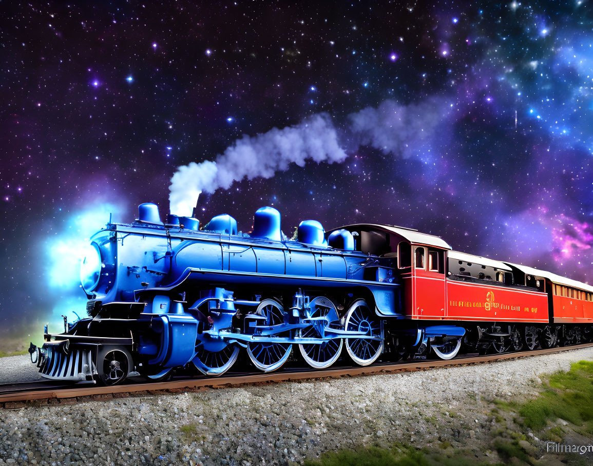 Vintage steam locomotive on tracks under vibrant starry night sky