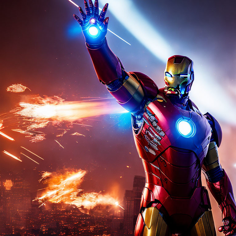 Superhero in dynamic pose with repulsor blasts in glowing cityscape.