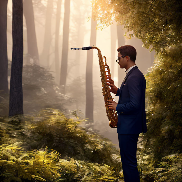 Man in suit plays saxophone in sunlit forest with lush ferns