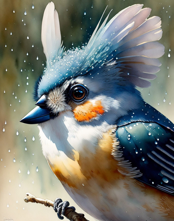 Colorful bird painting with raised crest, orange cheeks, blue feathers, perched on twig in rain