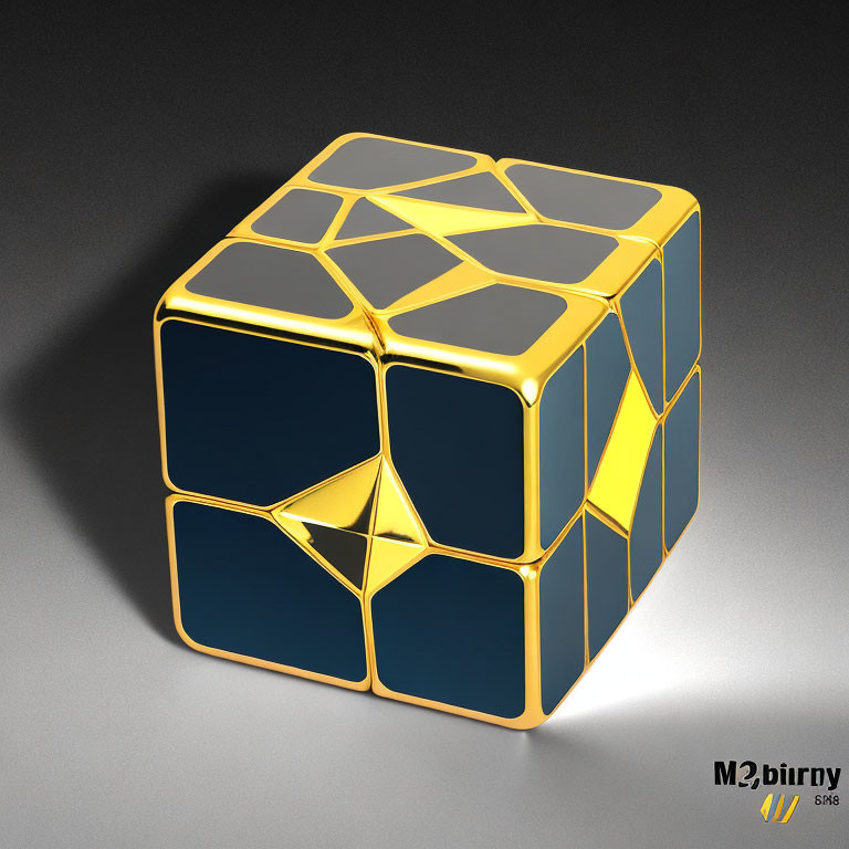 Golden and Black Metallic 3D-Rendered Rubik's Cube on Reflective Dark Background
