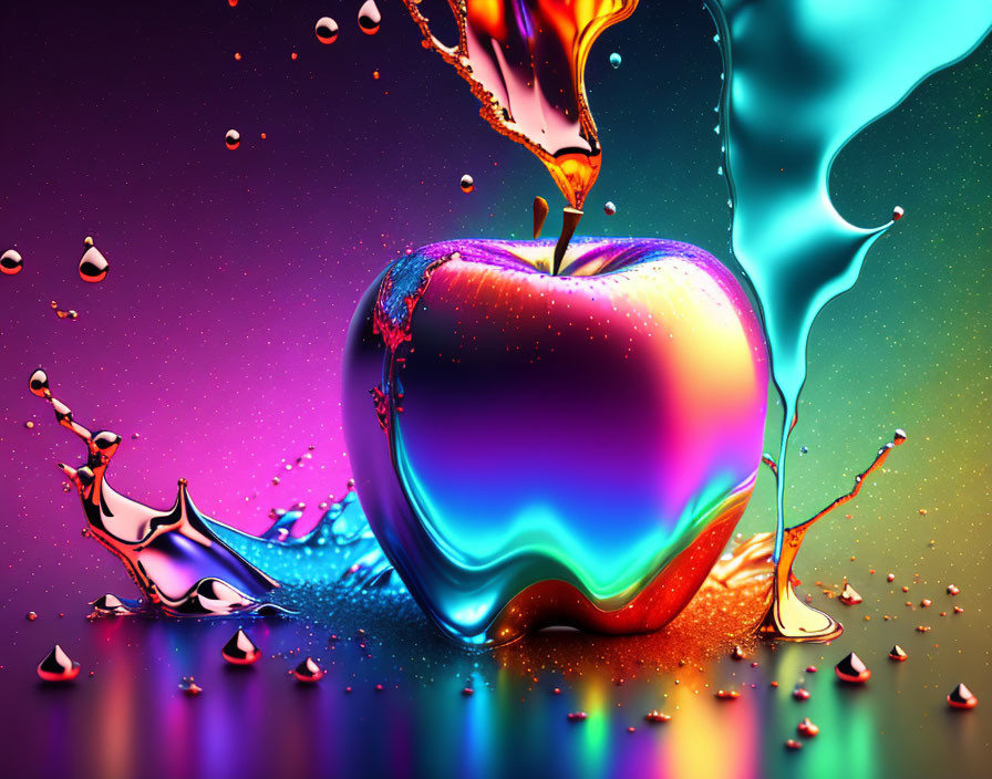 Colorful Apple Illustration with Liquid Splashes on Multicolored Background