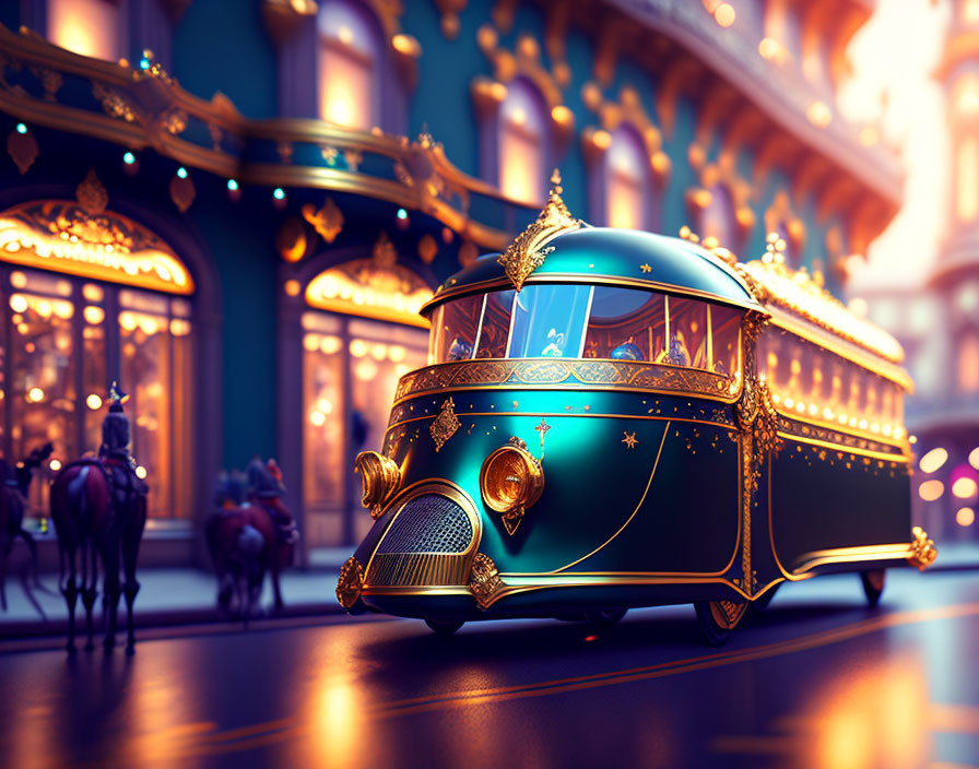 Vintage-style Blue Bus with Golden Accents on Elegant Street
