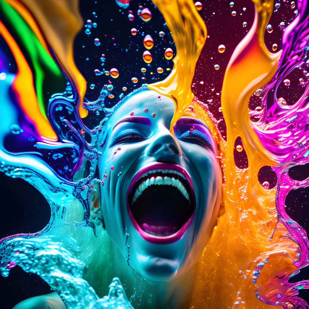 Colorful digital artwork: Face surrounded by rainbow liquid splashes
