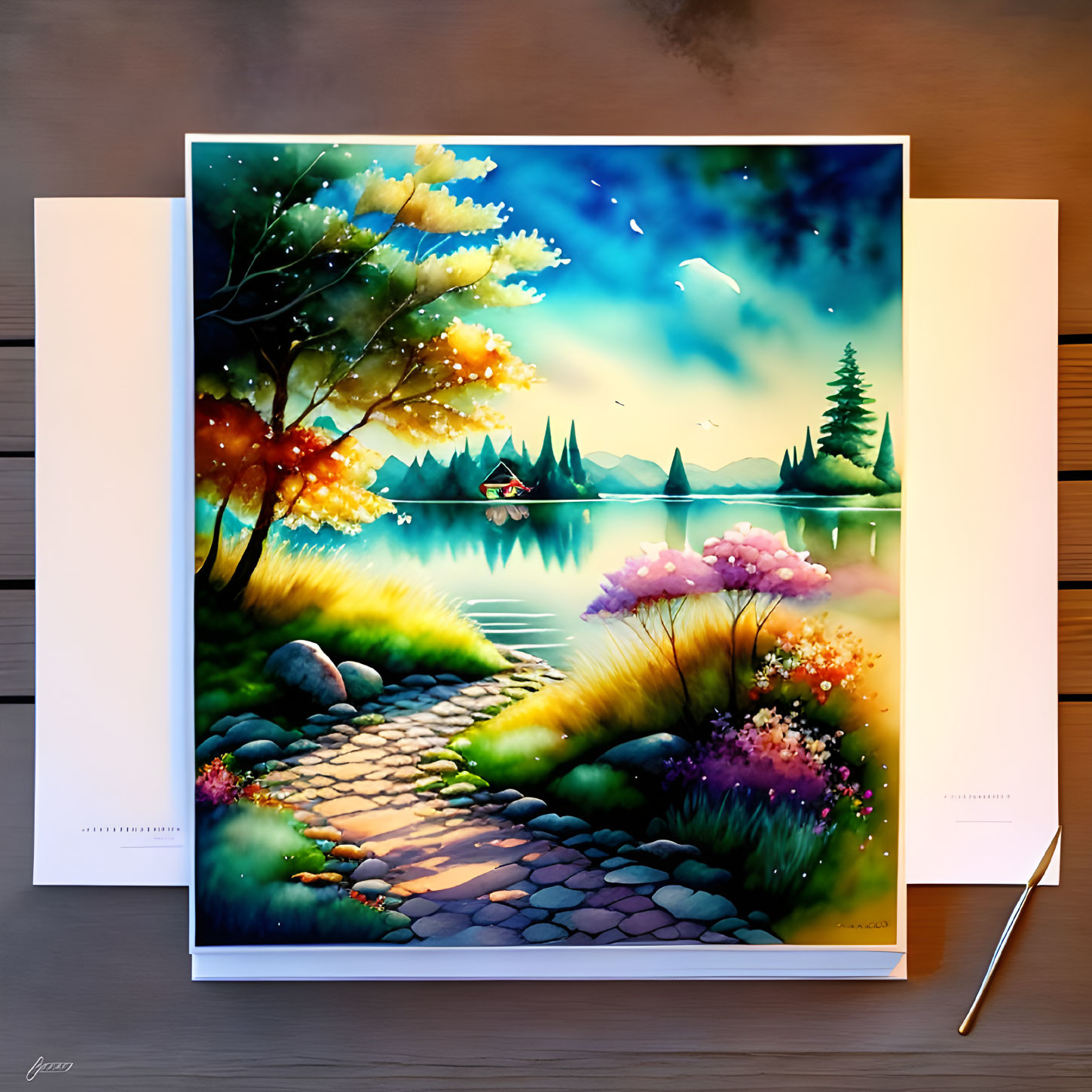 Scenic lakeside path painting at twilight with trees, flowers, lake, mountains, boat