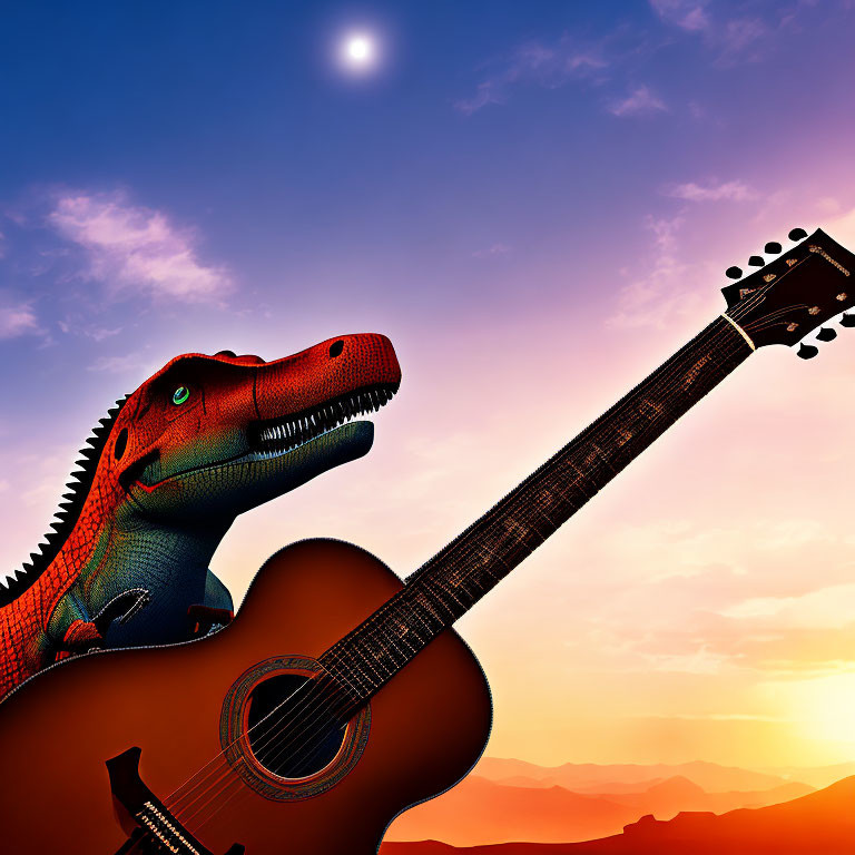Colorful Dinosaur with Acoustic Guitar at Sunset Sky