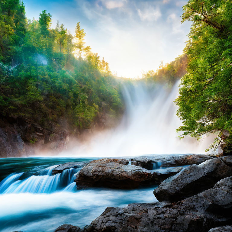 Majestic waterfall in forested cliffs with sunbeams
