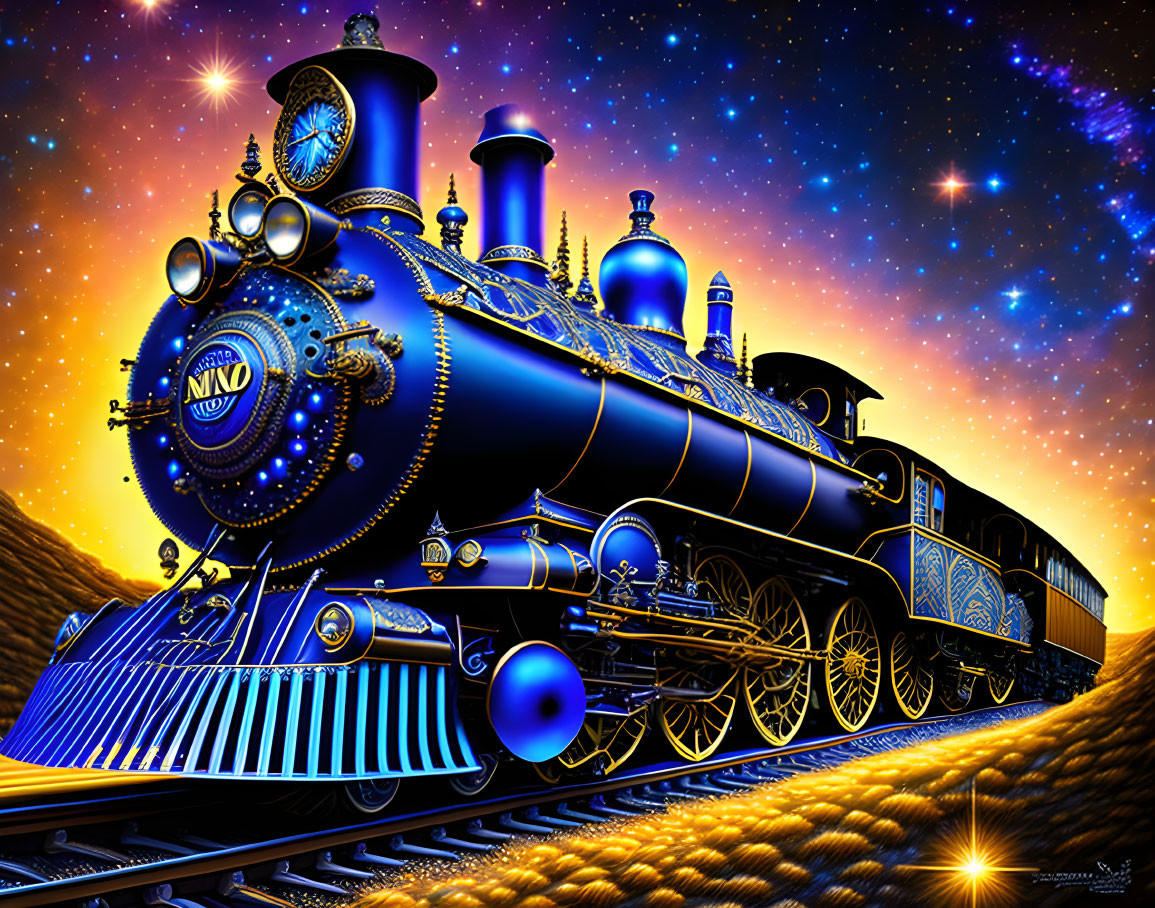 Vintage Steam Locomotive Artwork: Elaborate Designs, Starry Night Sky