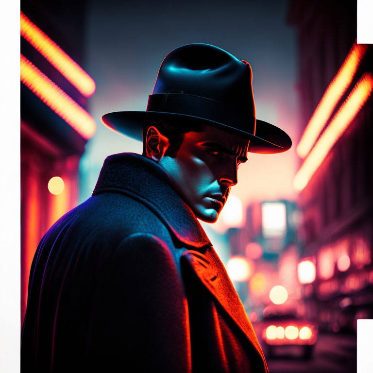 Stylized image of man in fedora and coat in neon-lit cityscape