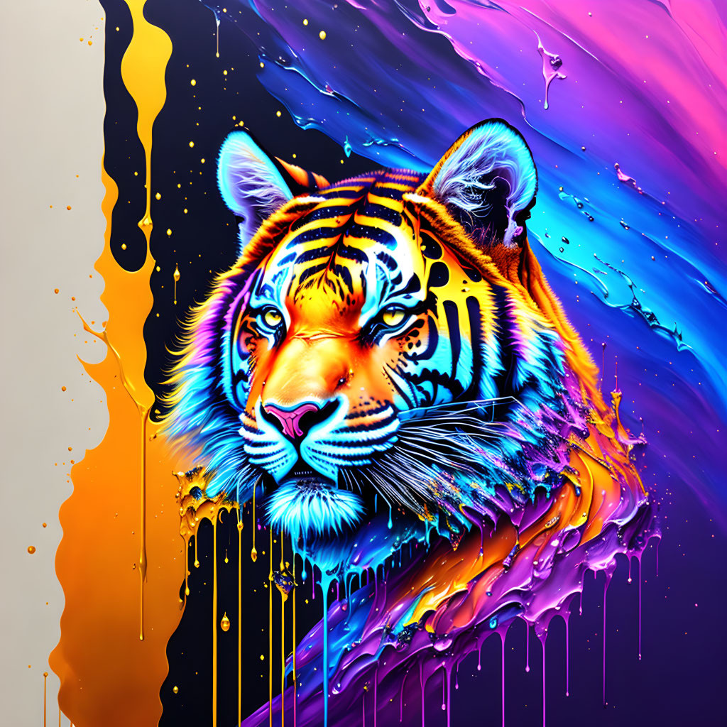 Colorful Tiger Face Artwork with Dripping Paint Effect