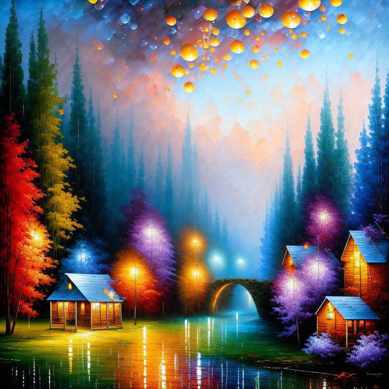 Colorful Whimsical Landscape with Glowing Lanterns and Reflective River