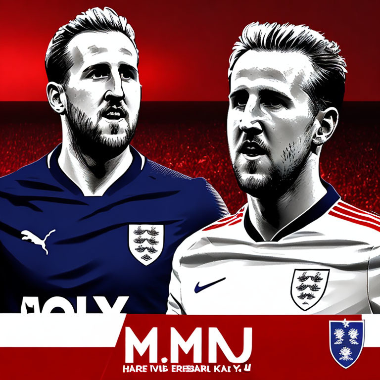 Dual-profile graphic illustration of soccer player in blue England kit against red and blue backdrop with stylized text