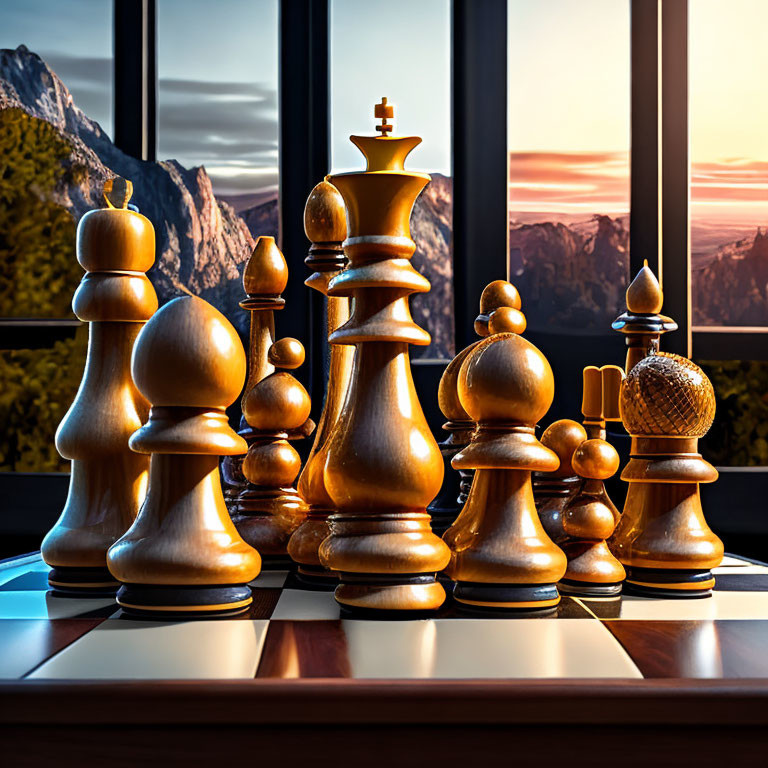 Wooden Chess Set on Board by Window with Mountain Sunset View