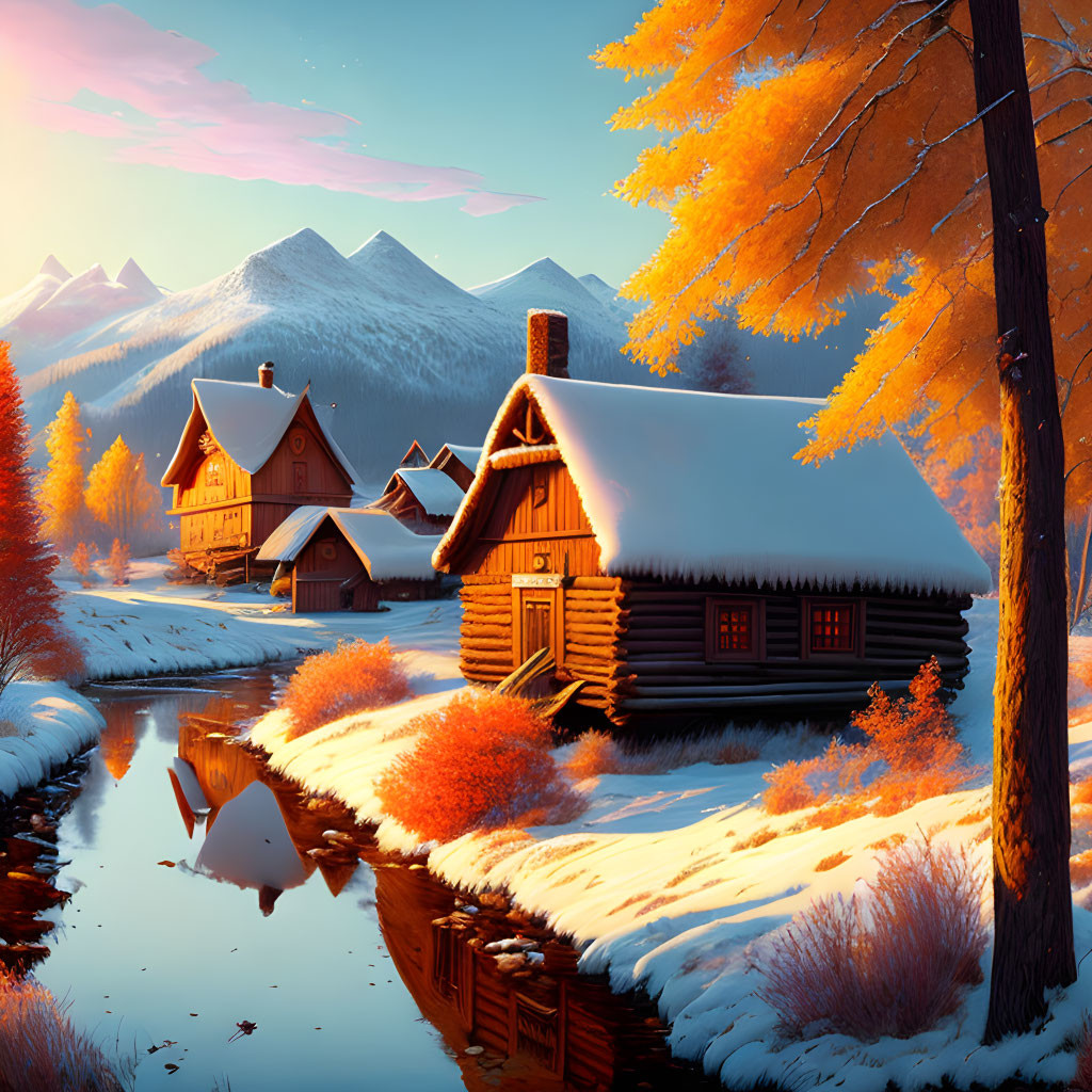 Autumn sunset: Snowy cabins, river, mountains