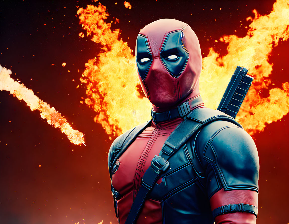 Character in red and black suit with mask in front of fiery explosion