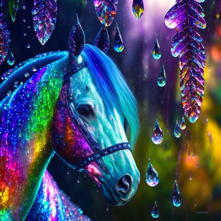 Digitally altered image: Horse with iridescent coat and blue mane in vibrant setting