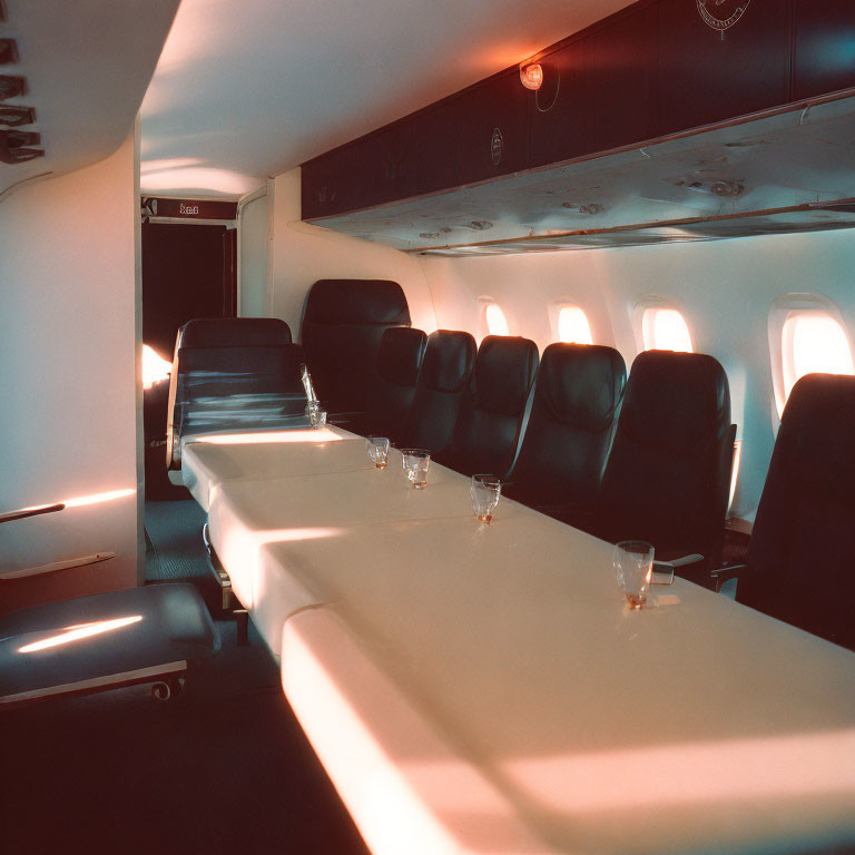 Airplane cabin with black leather seats, white counter, glasses, warm lighting