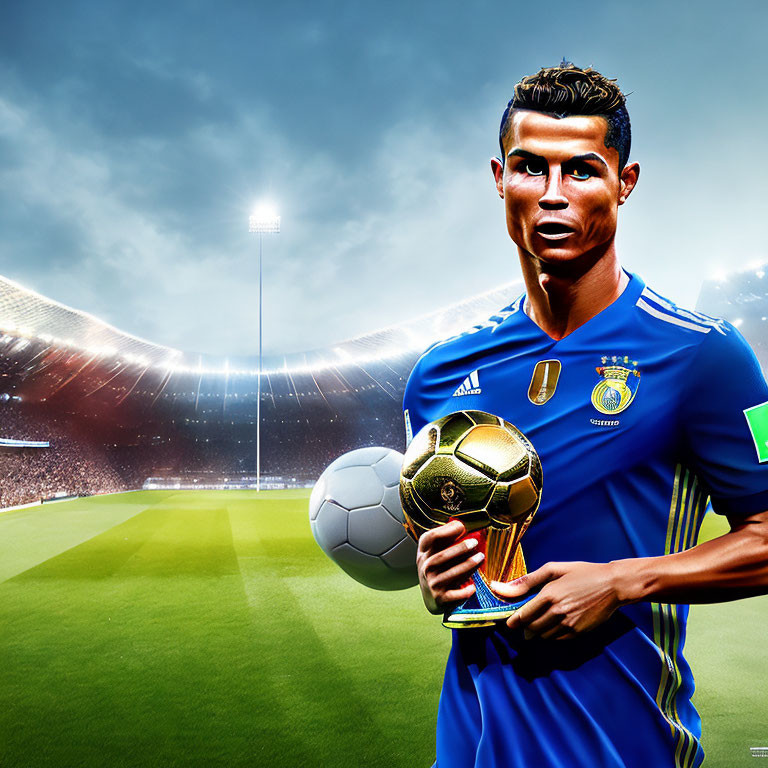 Stylized digital artwork of animated male soccer player with golden ball in blue kit