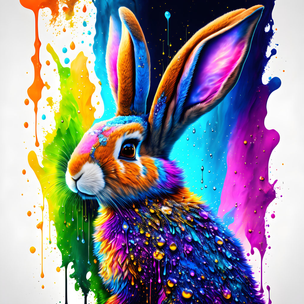 Colorful Rabbit Artwork with Dynamic Paint Splashes