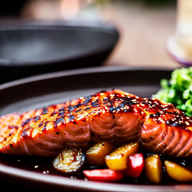 Grilled Salmon with Glaze and Diced Vegetables on Dark Plate