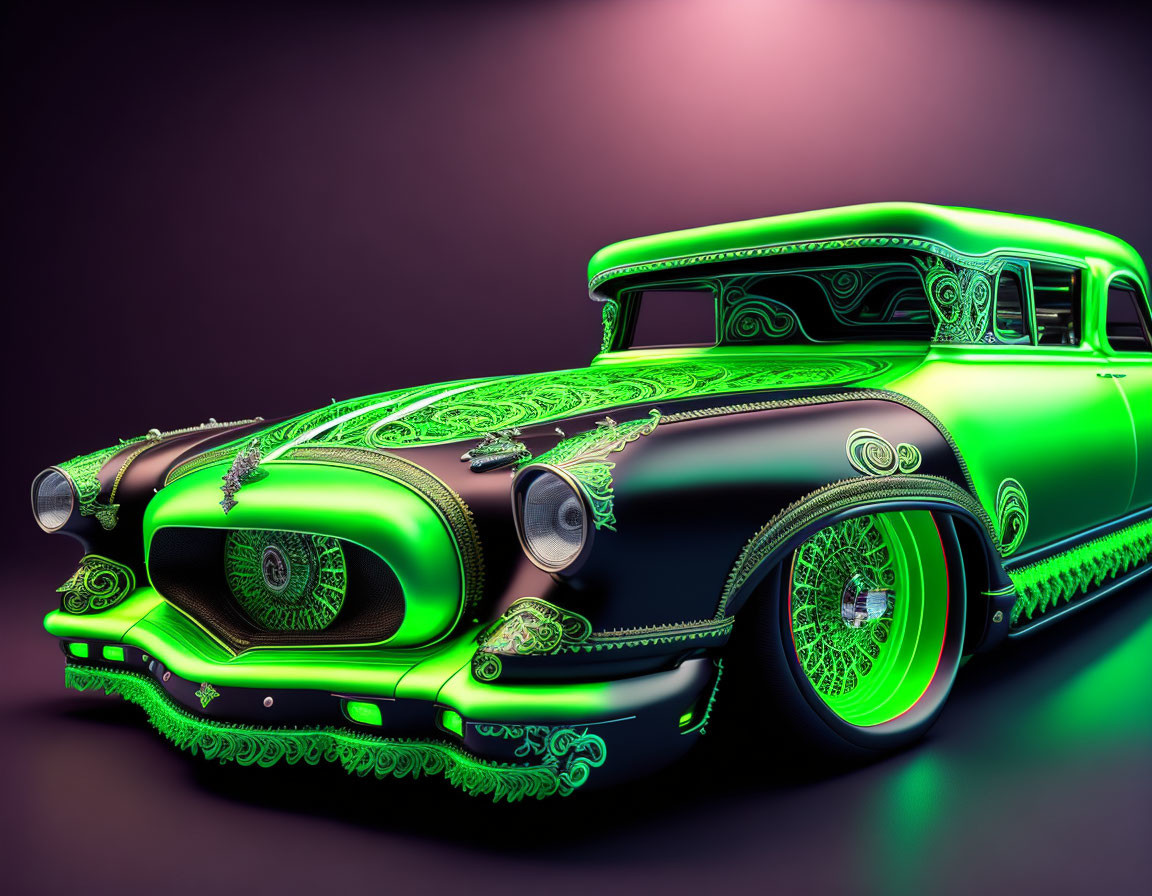 Vintage Car Illuminated by Neon Green Lights and Decorative Patterns