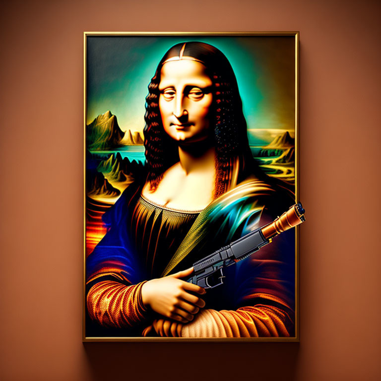 Surreal Mona Lisa with Assault Rifle on Brown Background