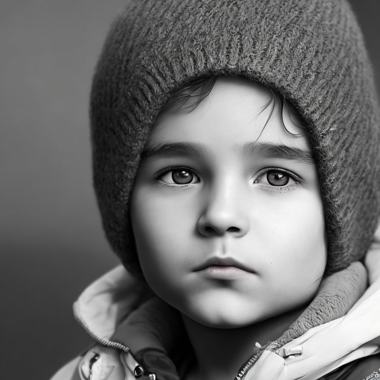 Monochrome portrait of child in woolen hat with pensive look